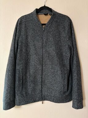 HUGO BOSS Men's XL Grey Herringbone Tweed Full Zip Jacket - EUC